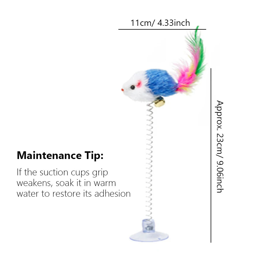 🧲🐭 Interactive Suction Cup Spring Mouse Cat Toy with Feather & Bell 🔔🌈