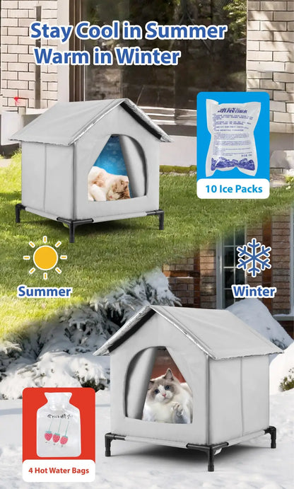 🏠 All-Season Waterproof Cat House 🧊🔥 Heated & Cooled Foldable Shelter for Indoor/Outdoor