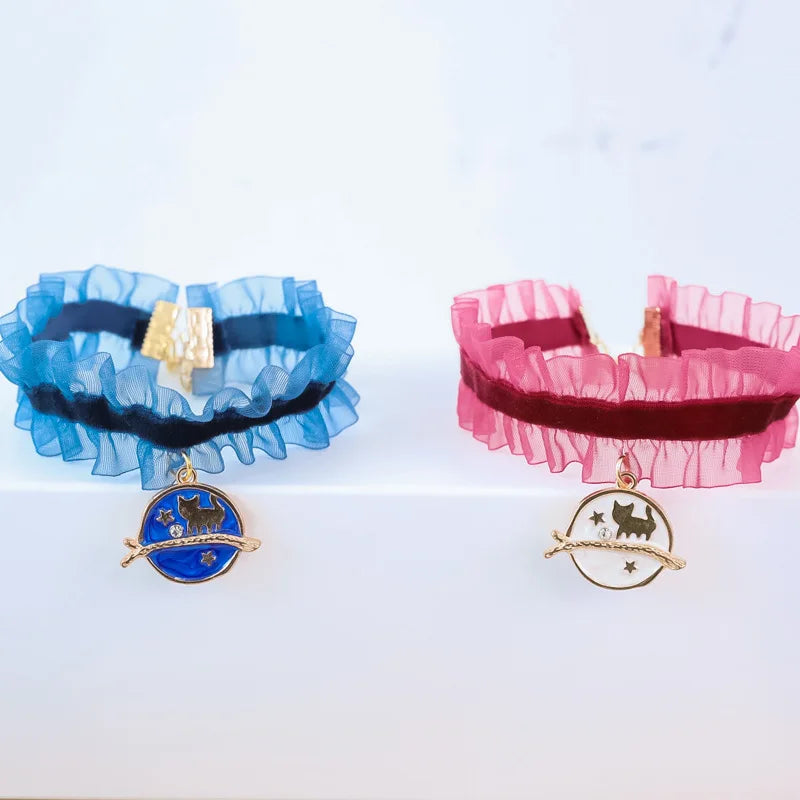 🌙 Moon Charm Cat Collar 🌟 Lace Adjustable Necklace for Cats & Small Dogs