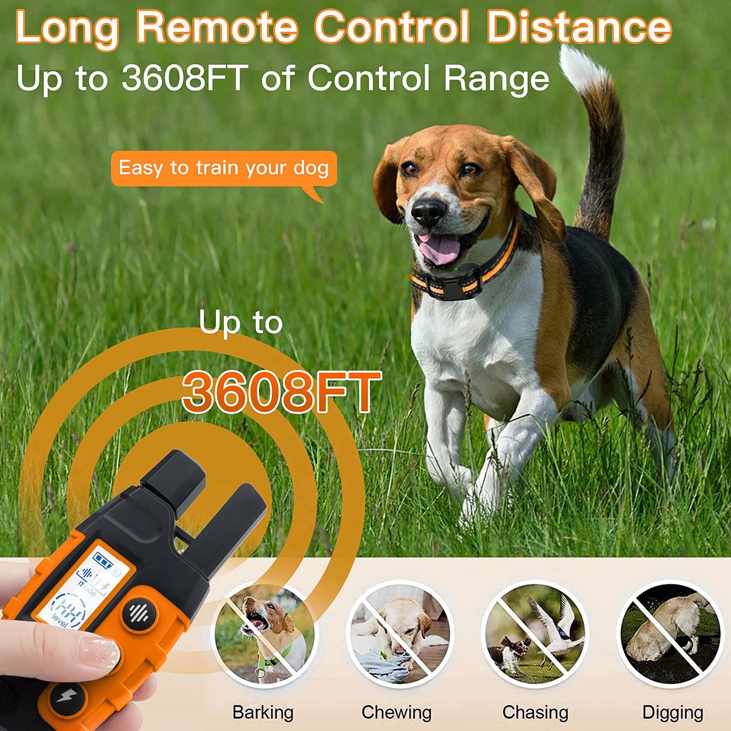 Dog training collar with remote, waterproof, orange color, fits 5-120lbs dogs