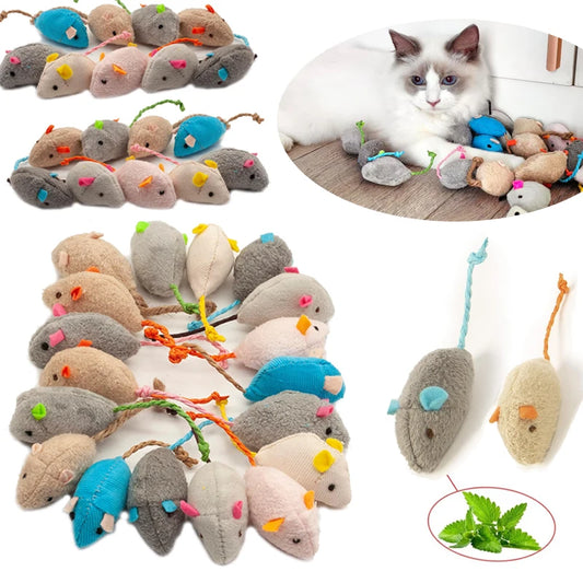 Catnip mouse toys set with faux fur and rattles for indoor cats