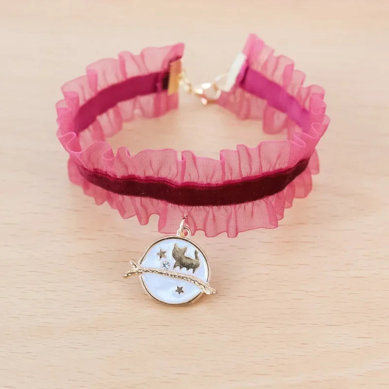 🌙 Moon Charm Cat Collar 🌟 Lace Adjustable Necklace for Cats & Small Dogs