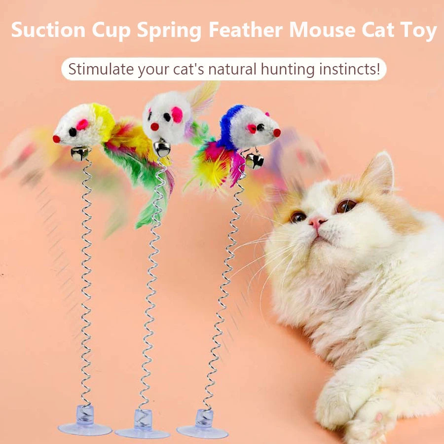 🧲🐭 Interactive Suction Cup Spring Mouse Cat Toy with Feather & Bell 🔔🌈