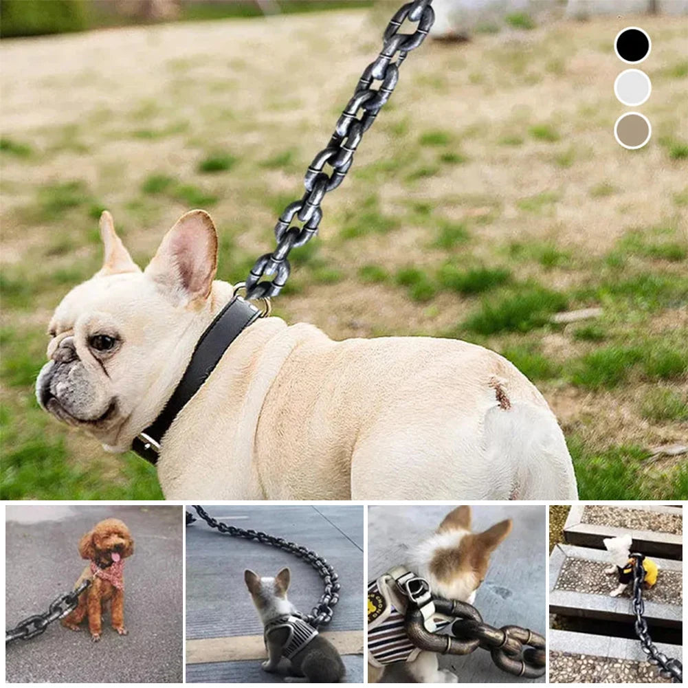 Funny chain-style dog leash with realistic iron look for all dog sizes, slip-on collar