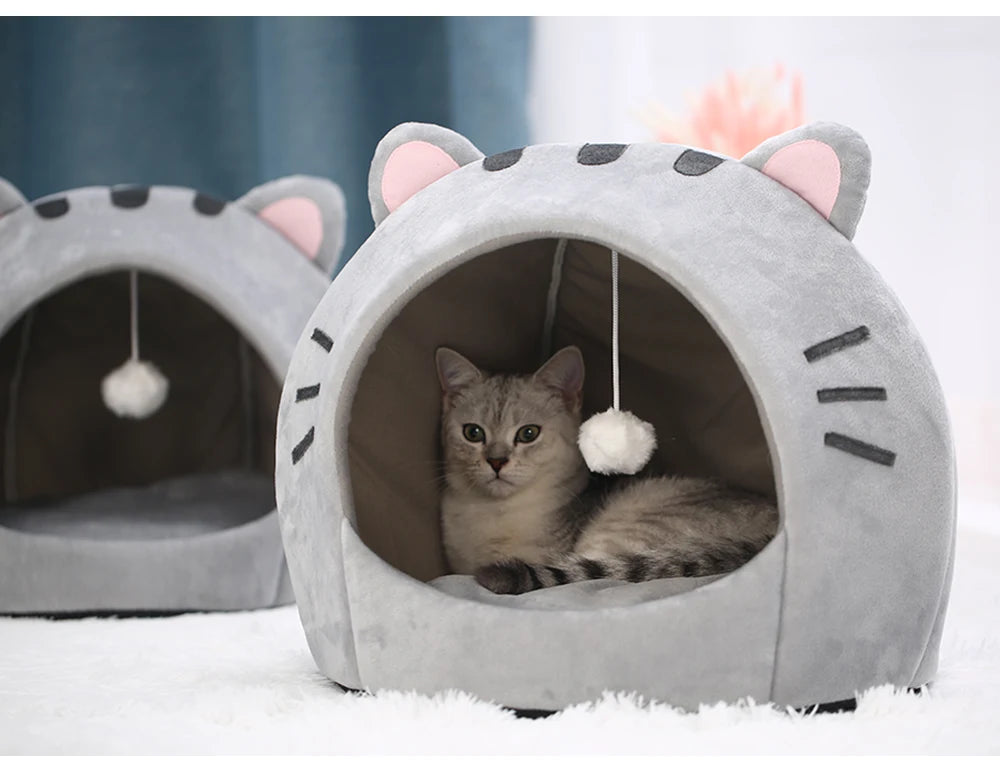 🐾 Super Soft Cat Cave Bed – Warm Semi 🧺 Covered Cotton Nest for Kittens & Small Pets