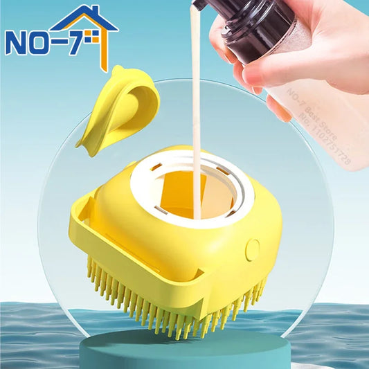 Silicone dog bath brush with shampoo dispenser grooming scrubber for washing dogs and cats
