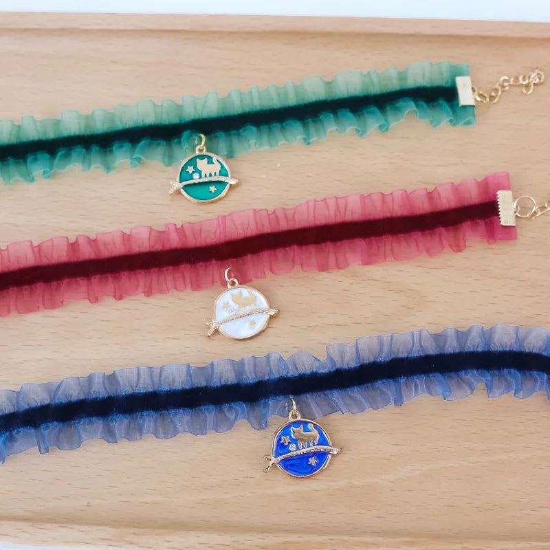 🌙 Moon Charm Cat Collar 🌟 Lace Adjustable Necklace for Cats & Small Dogs