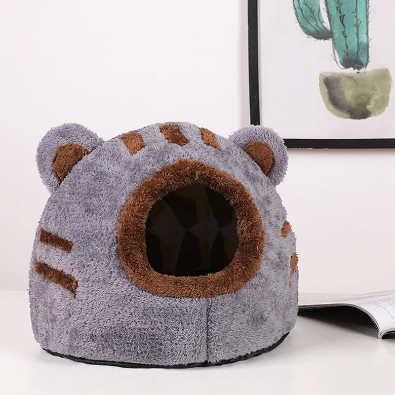 Bear-shaped cozy cat bed with soft plush winter cave design