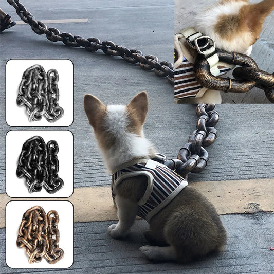 Funny chain-style dog leash with realistic iron look for all dog sizes, slip-on collar