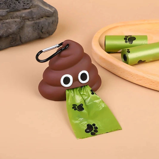 Outdoor portable dog poop bag dispenser with clip attachment in fun fecal shape design
