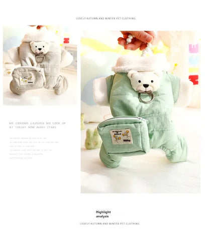 🧸 Cozy Teddy Bear Dog Jumpsuit ❄️ Warm Winter Pet Outfit with Mini Backpack