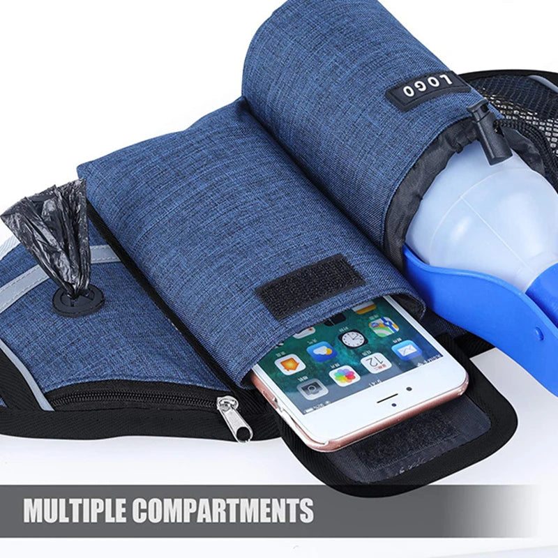 Gray hands-free dog training waist bag with leash, reflective trim, and storage pockets
