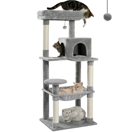5-level indoor cat tree tower with hammock, sisal scratching posts, condo, and perch for large cats

