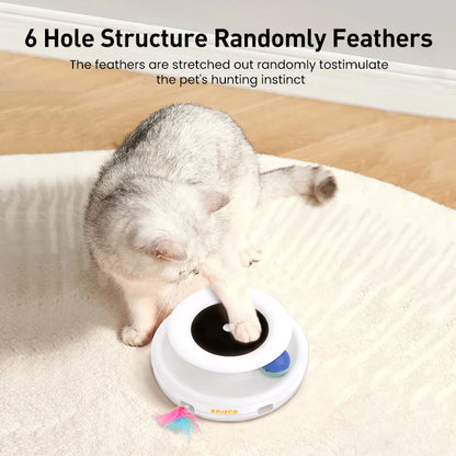 Smart cat teaser toy with feather and spinning ball features