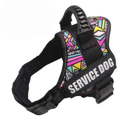 Service dog harness vest with removable reflective patches and no-pull design