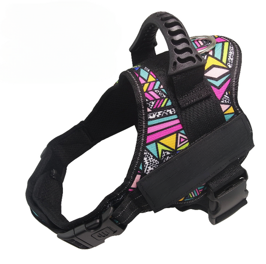 Service dog harness vest with removable reflective patches and no-pull design